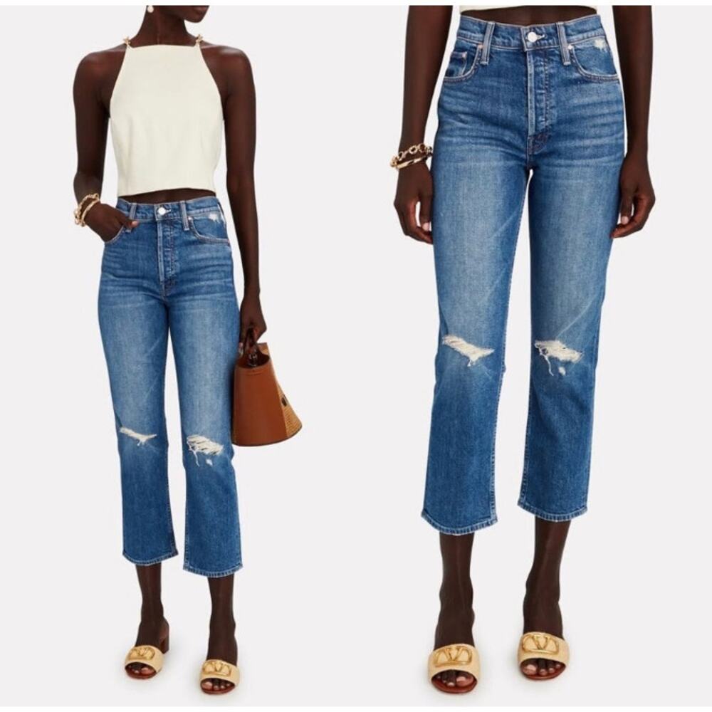 MOTHER Blue Straight-Leg Distressed Jeans